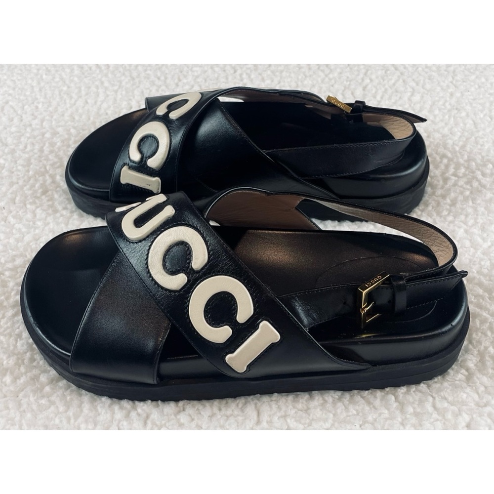 GUCCI • Black Ornella Logo Appliqué Crossover Leather Slingback Sandals, 8.5 - Picture 5 of 16